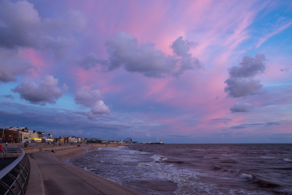 Coastline Blackpool England with purple Sky
