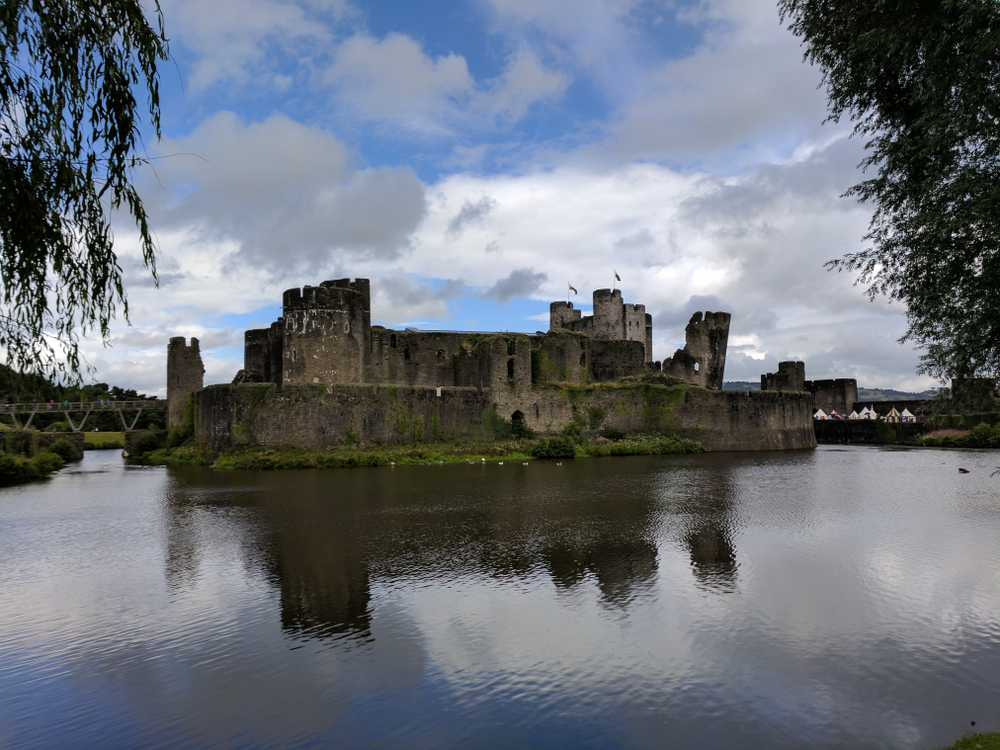 Caerphilly Castle in Wales. Picture from the distance across the lake